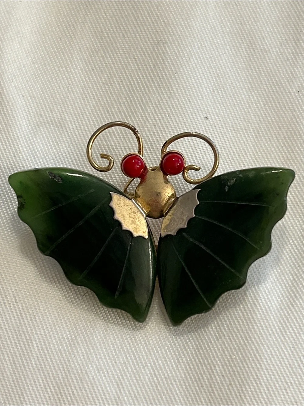 Green Jade Butterfly Pin/Pendant with Red Accents